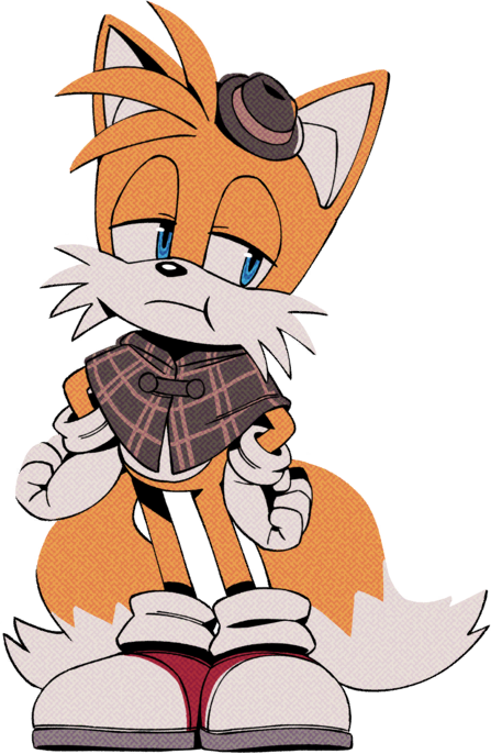 image of tails the fox from 'The Murder of Sonic The Hedgehog'. His hands are on his hips, and he looks to the side with a questionable expression