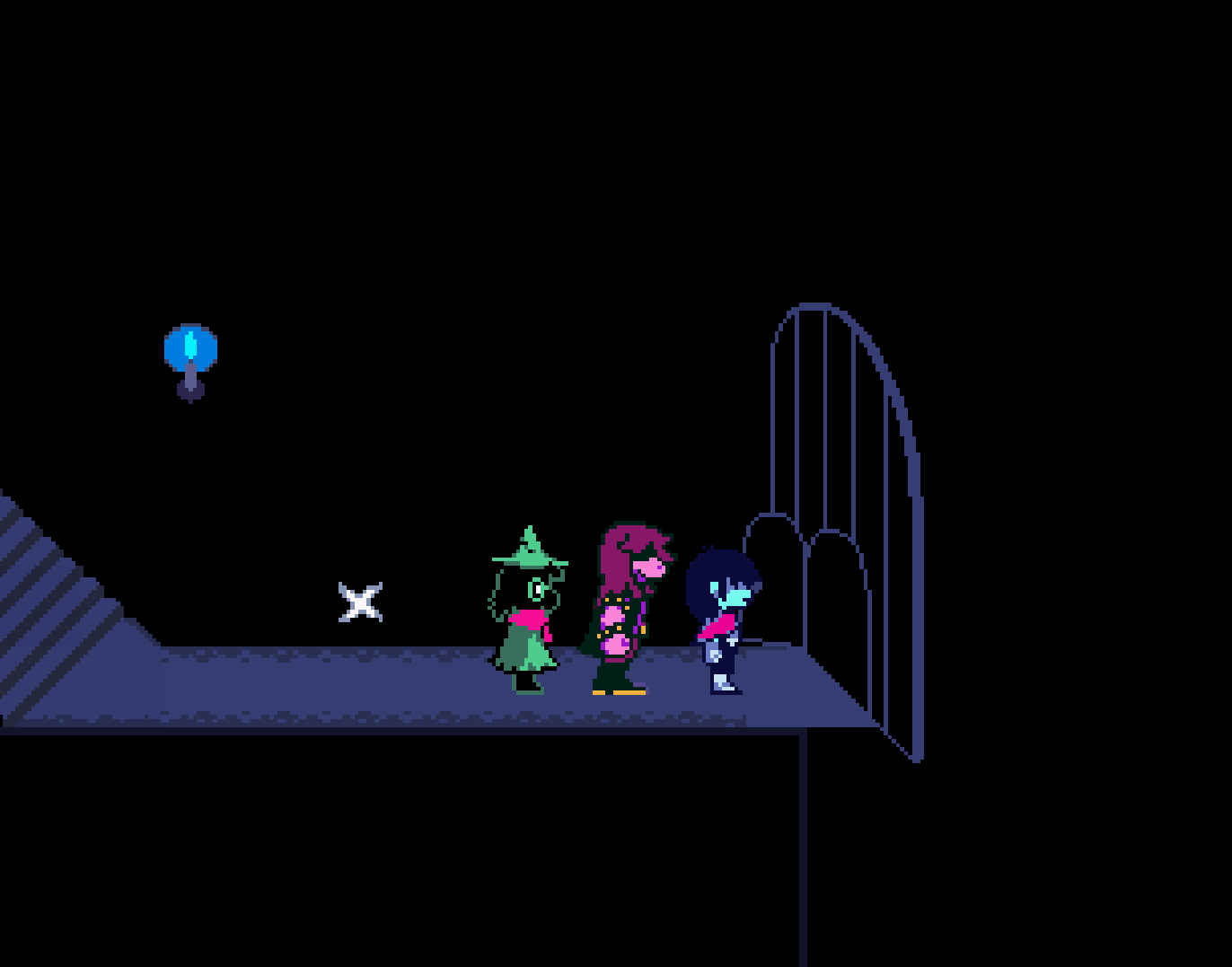 a screncap from Deltarune Chapter 1. Kris, Susie, and Ralsei are in the basement of the Castle. They're standing in front of Jevil's cell, and a SAVE point is behind them.