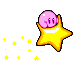 a gif of kirby on a warp star. tiny stars trail and twinkle to the left of them